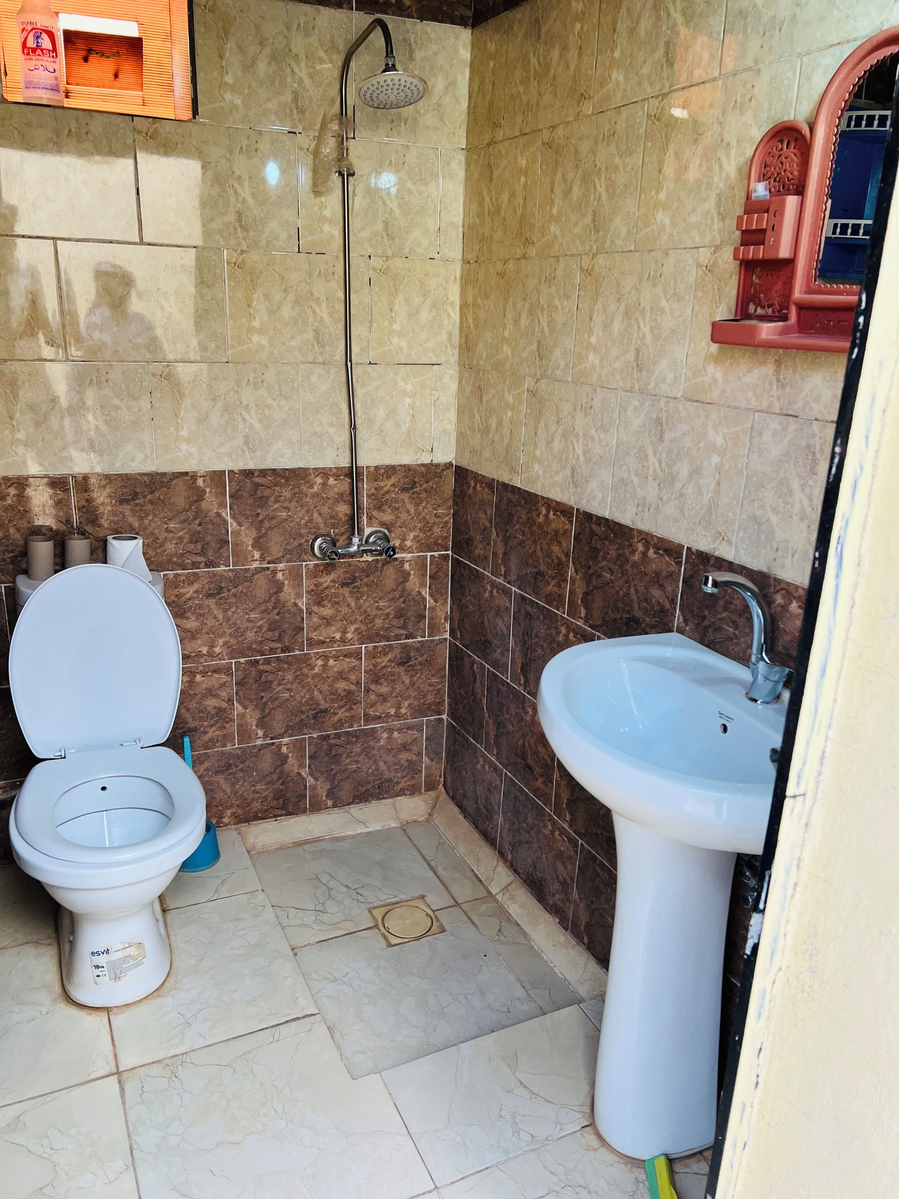 Shower, towels, soap, toilet paper
