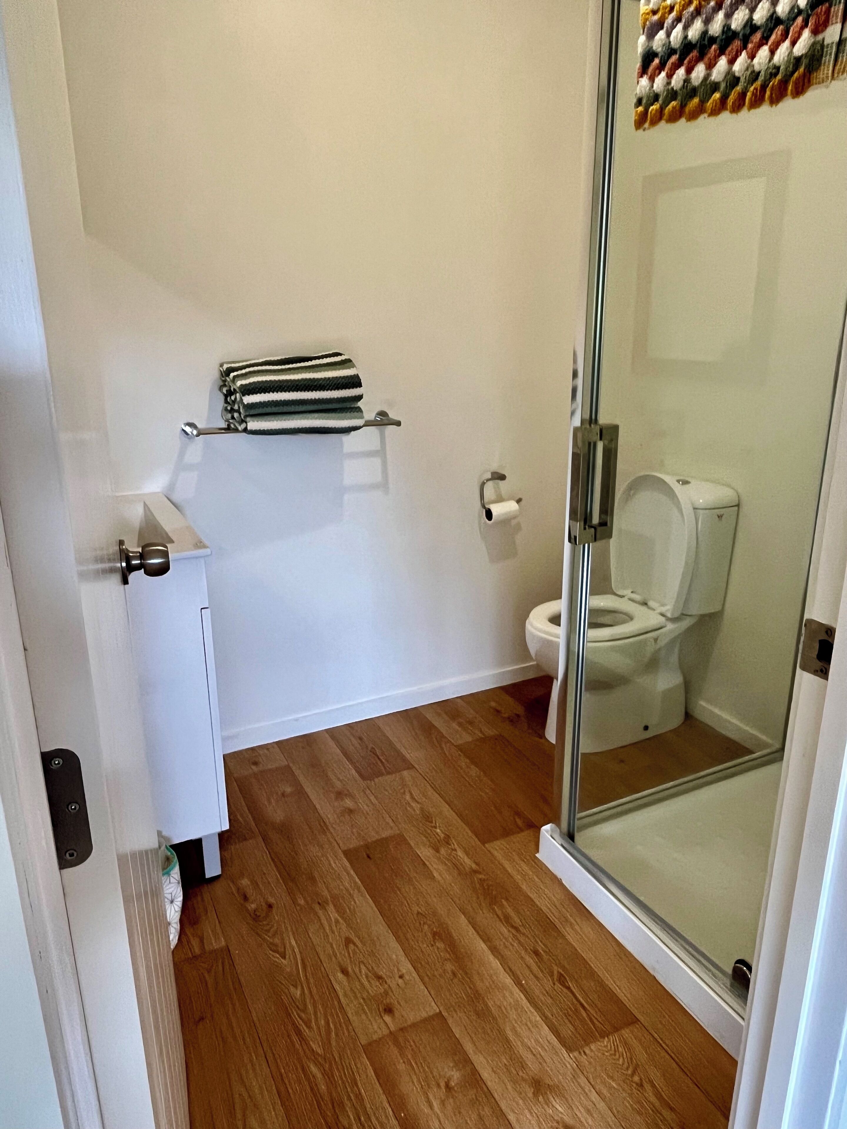 Shower, towels, soap, toilet paper