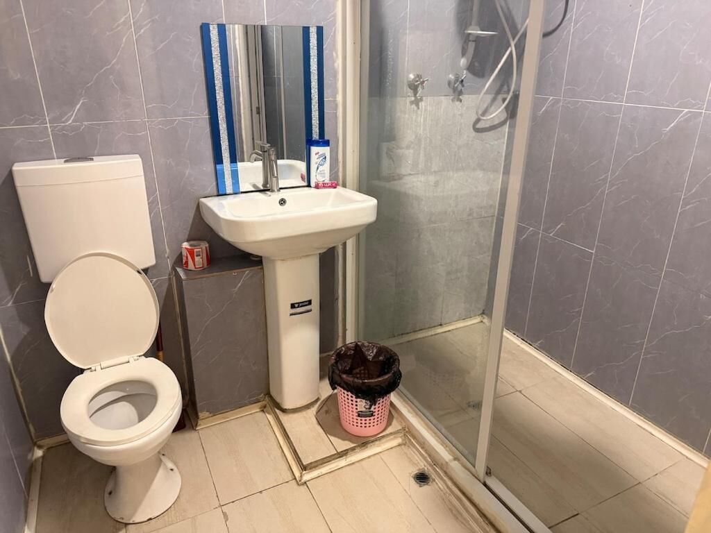 A bathroom with a toilet, sink, and shower.