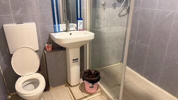 A bathroom with a toilet, sink, and shower.