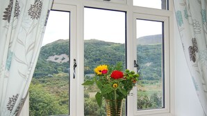 Una finestra de tres vidres, un vas amb flors i una vista de turons verds.