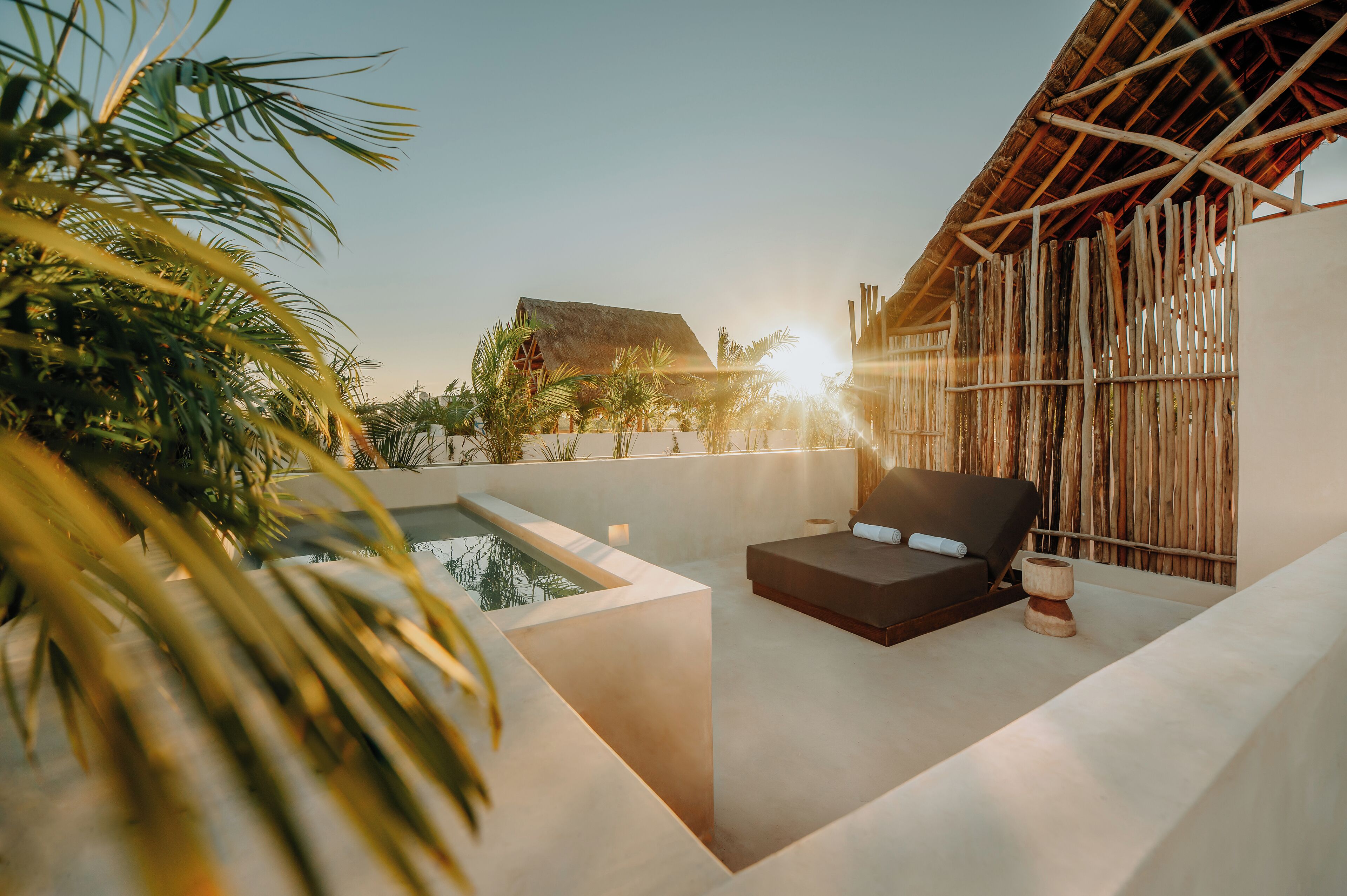 A modern outdoor lounge area with a pool, a lounge chair, and a bamboo wall.