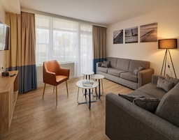 A modern living room with a sofa, armchair, and coffee table. There is a lamp, a TV, and a radiator.