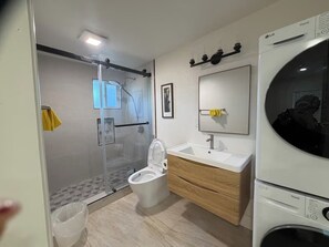 Shower, towels, toilet paper