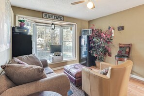 Télévision, cheminée, livres