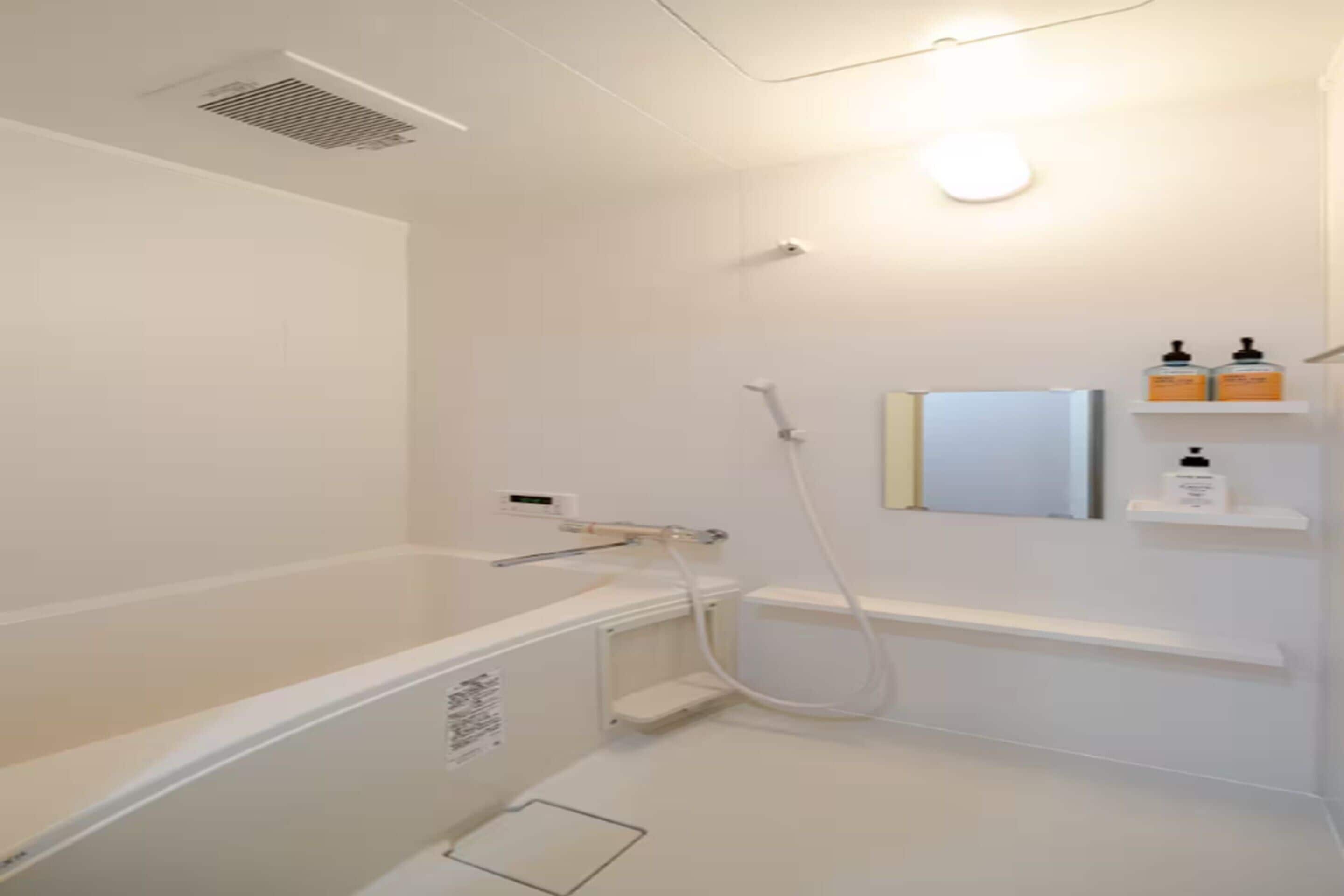 Hair dryer, towels, soap, toilet paper