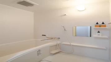 Hair dryer, towels, soap, toilet paper