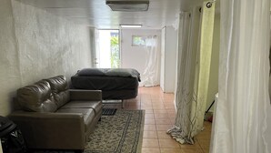 A living room with a sofa, a rug, and a curtain. - N2  north philadelphia , quiet one room shared house  (Philadelphia)