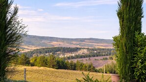 Une piscine avec vue sur un vignoble et sur des collines lointaines.
