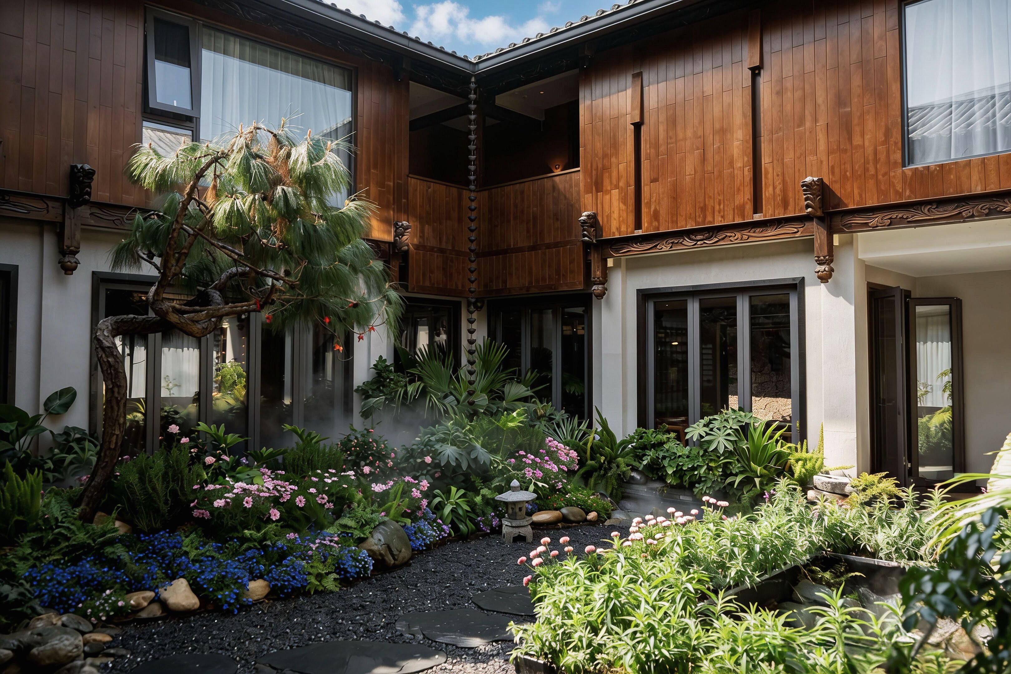 Une cour avec une maison en bois, un petit jardin agrémenté de diverses plantes et fleurs, et un chemin pavé de pierres.