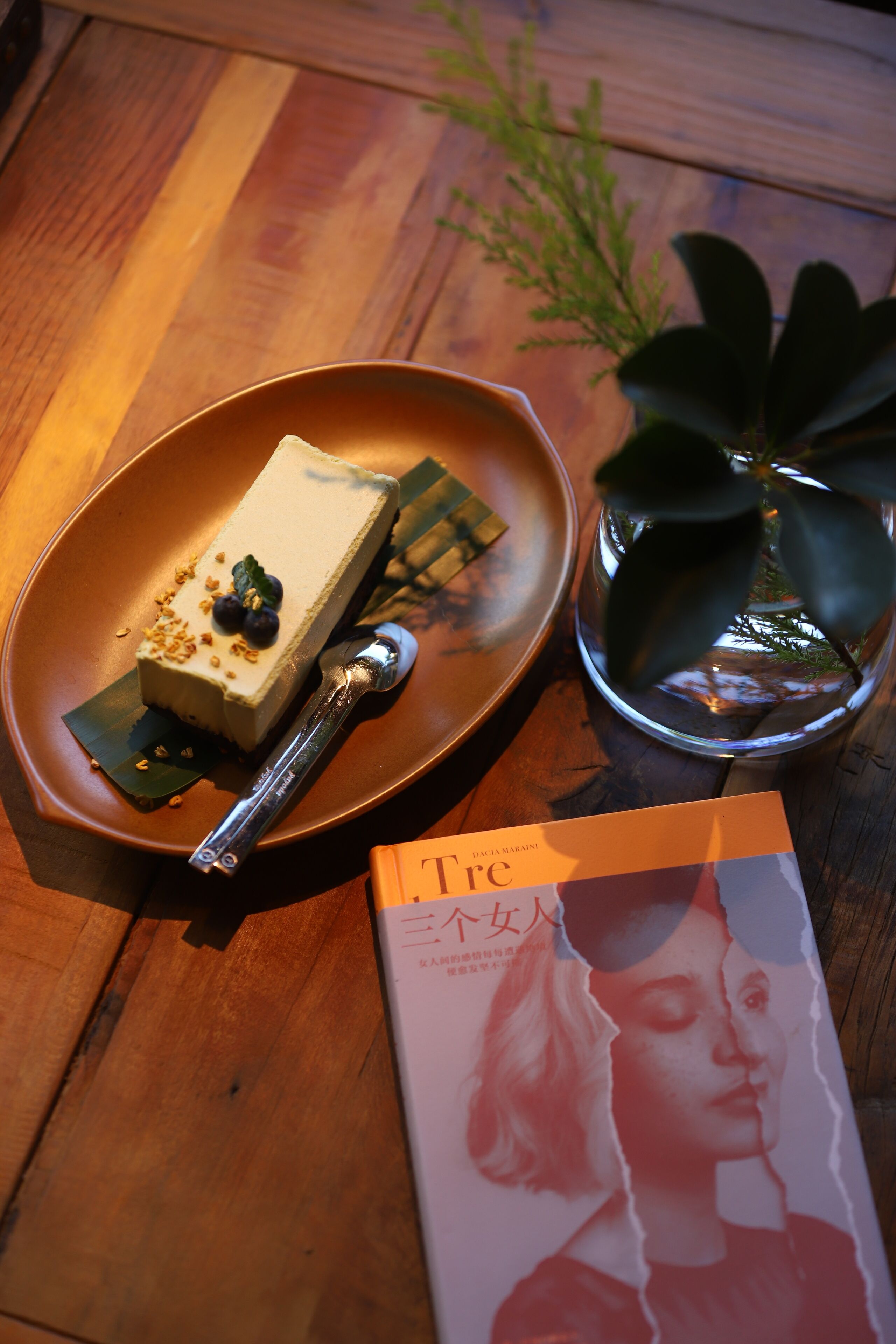 A dessert on a plate, a book, and a plant on a wooden table.