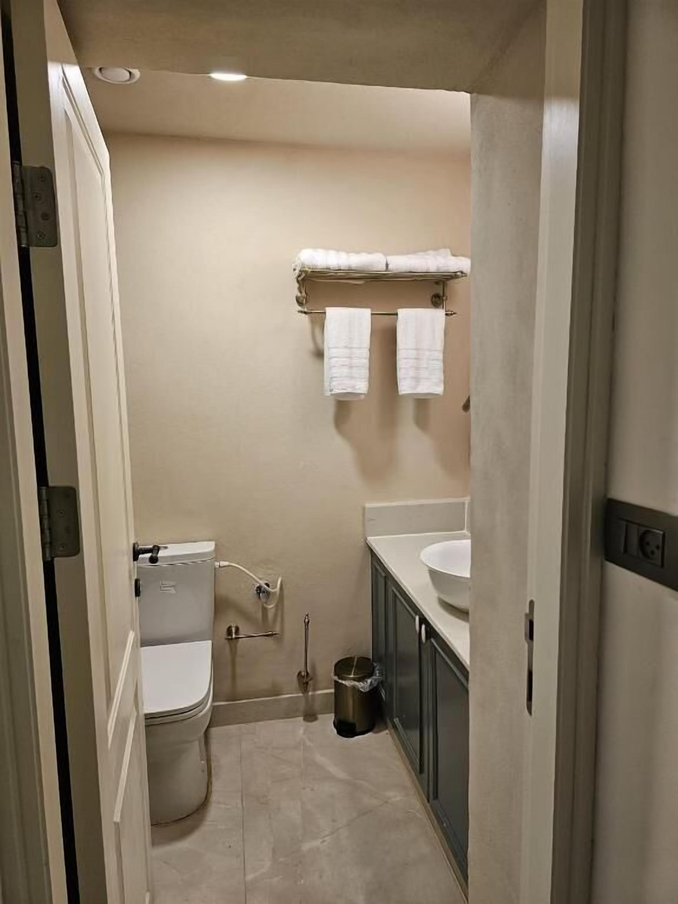 A compact bathroom with a toilet, sink, and towel rack.