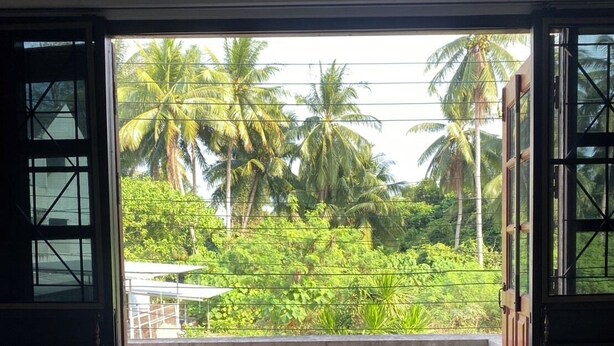 Un balcón abierto con vista a vegetación exuberante y palmeras.