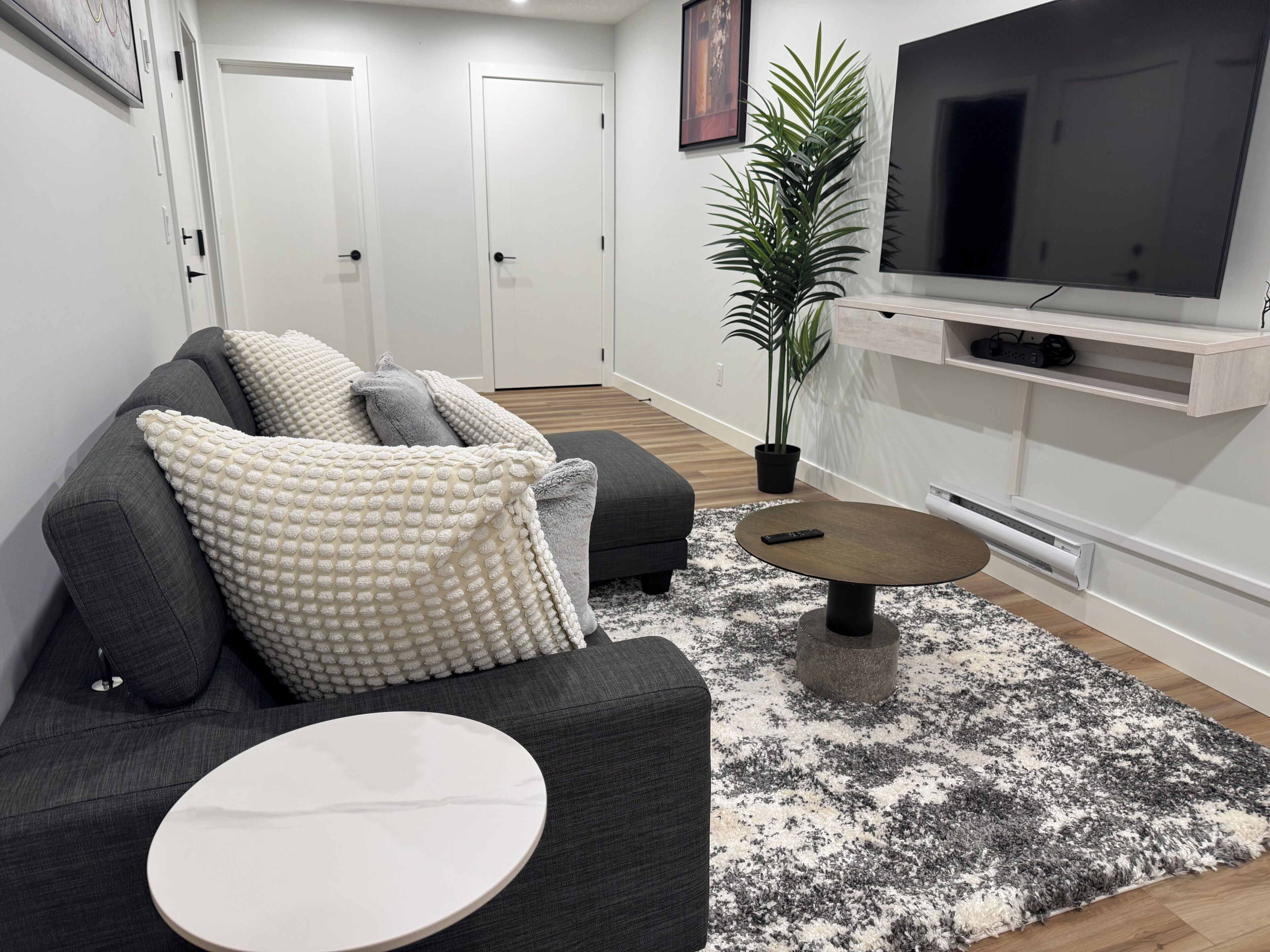 Una sala de estar con un sofá, una mesa de centro, un televisor y una planta en maceta.