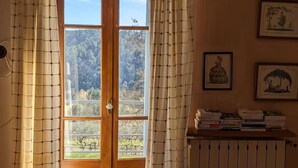 A room with a wooden door, a radiator, and a shelf with books. - Typical stone house (Ribes)
