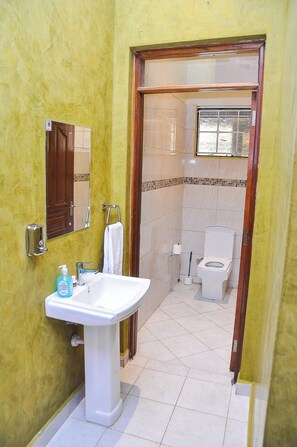 A bathroom with a sink, toilet, and mirror. - Paton Luxury Resort (Kalulini)