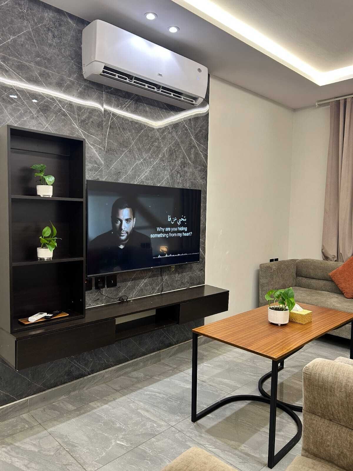 Een moderne woonkamer met een flatscreen televisie aan een donkere muur, een ingebouwde airconditioning erboven en een houten salontafel met een plant in een pot.