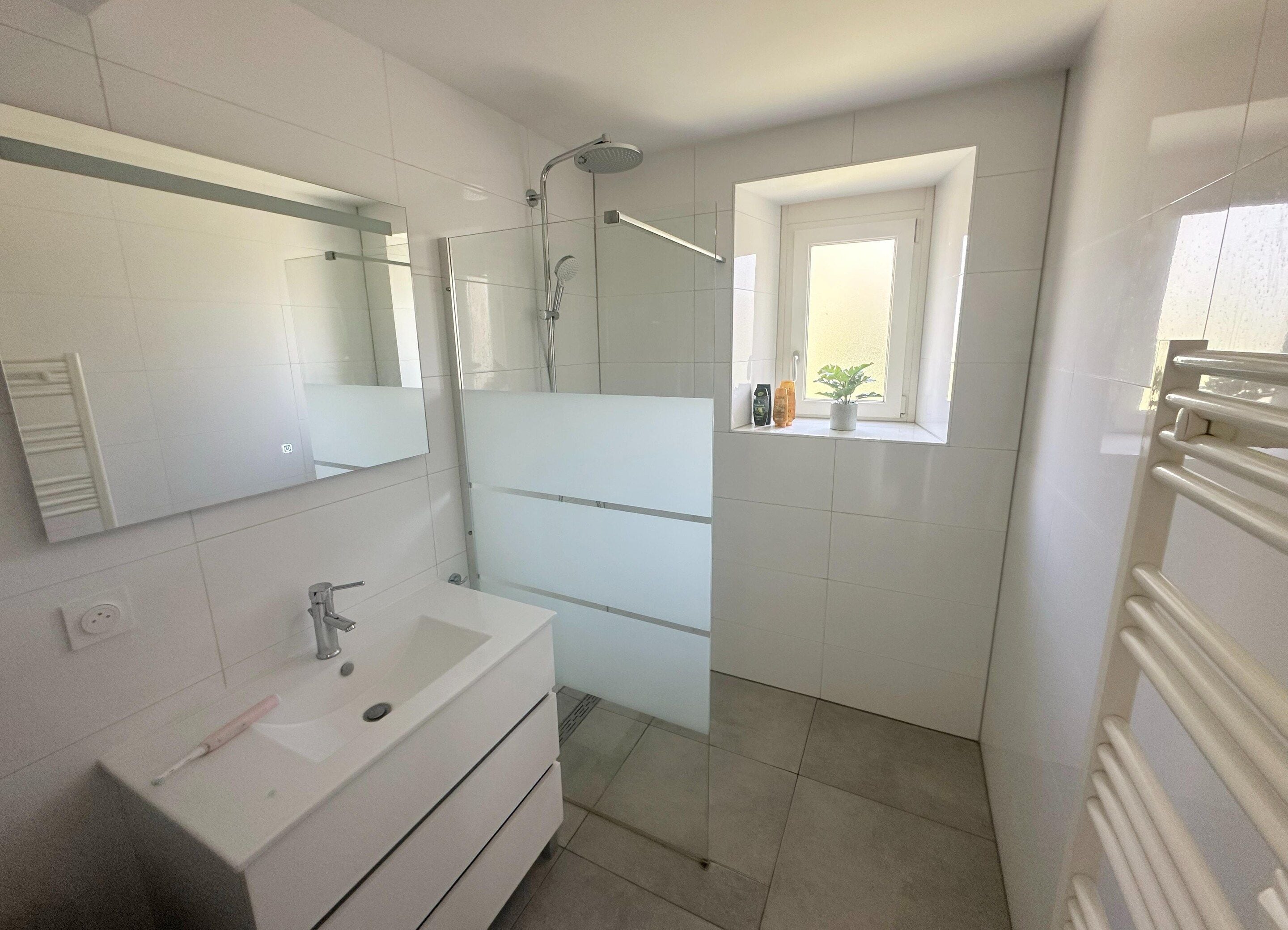 Un baño con lavamanos blanco, espejo y ducha. Se ve una ventana con una planta en el alféizar.