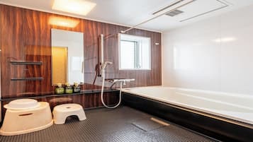 Hair dryer, towels, soap, toilet paper