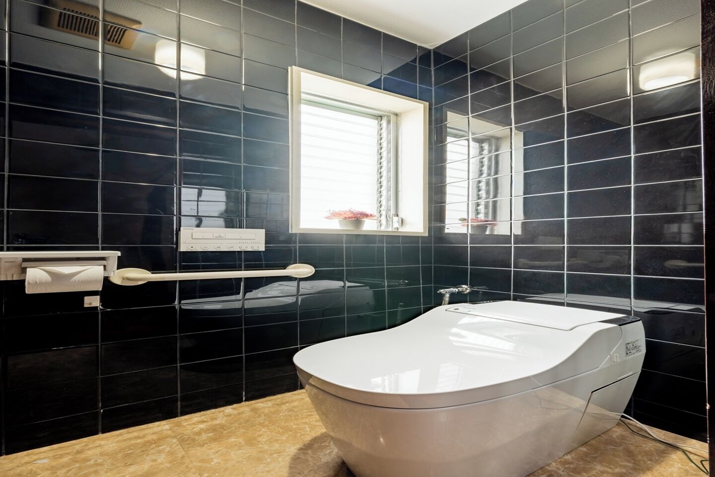 Hair dryer, towels, soap, toilet paper