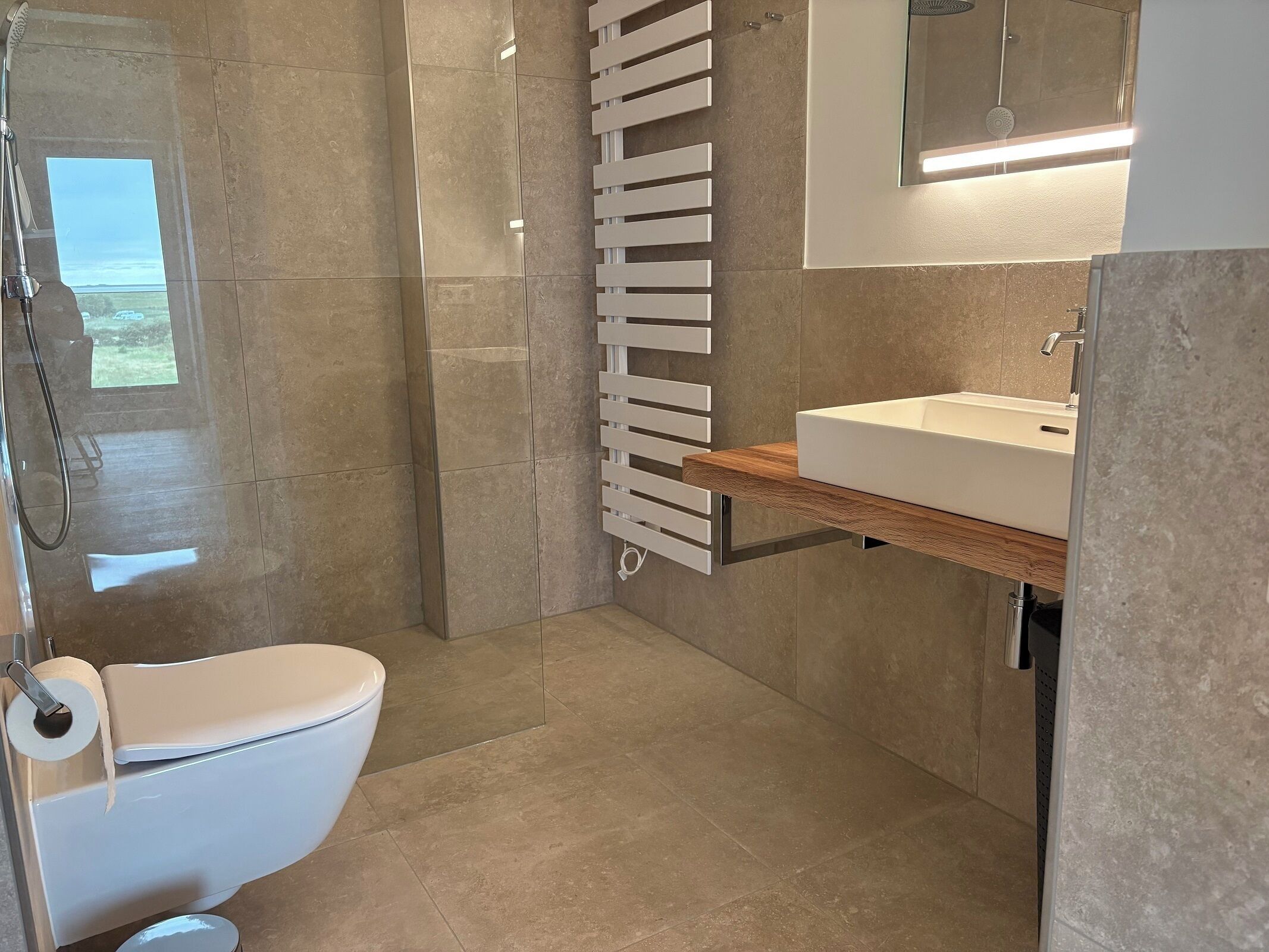 Een moderne badkamer met toilet, douche en wastafel.