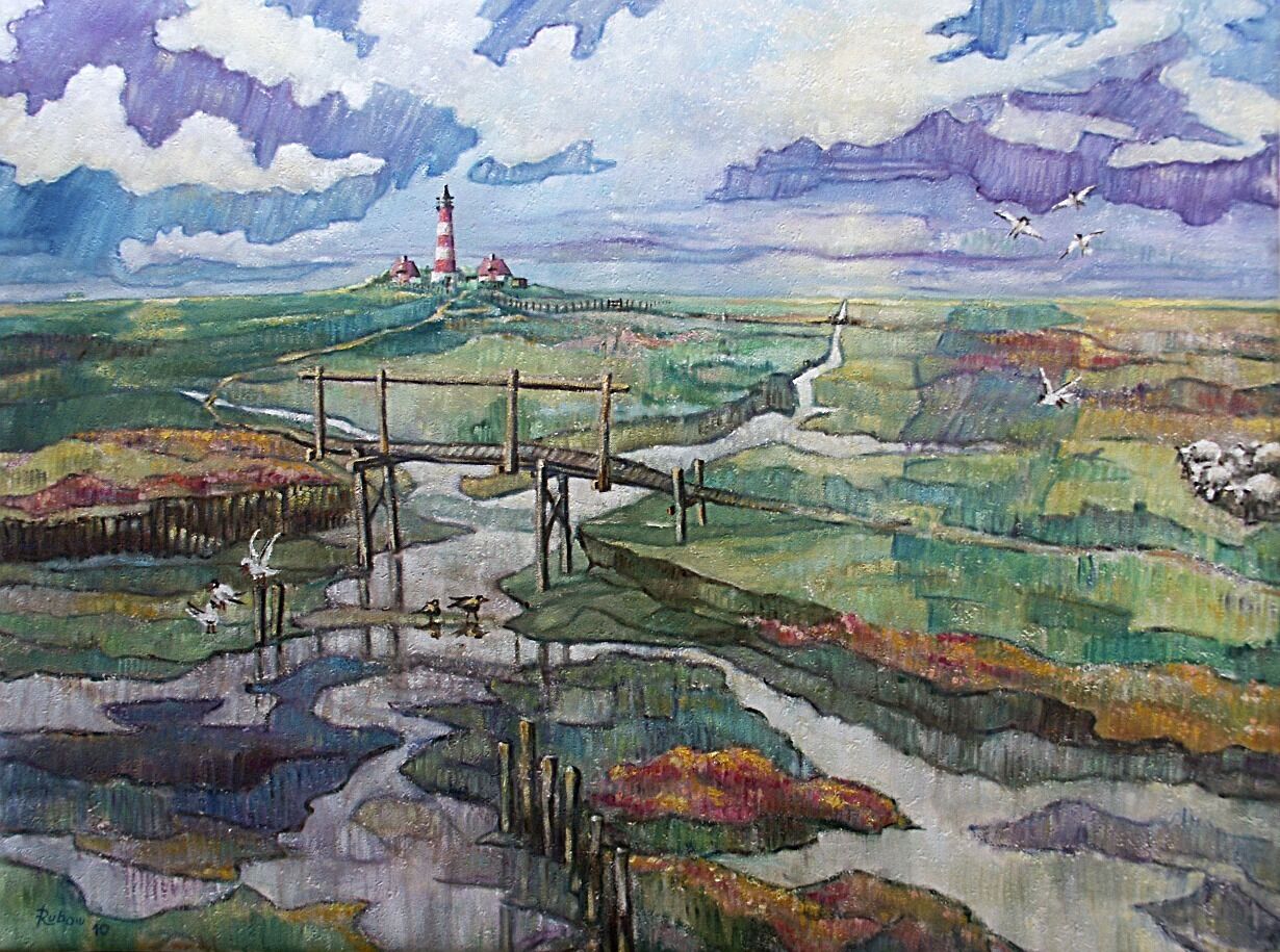 A landscape painting with a bridge, water, and a lighthouse.