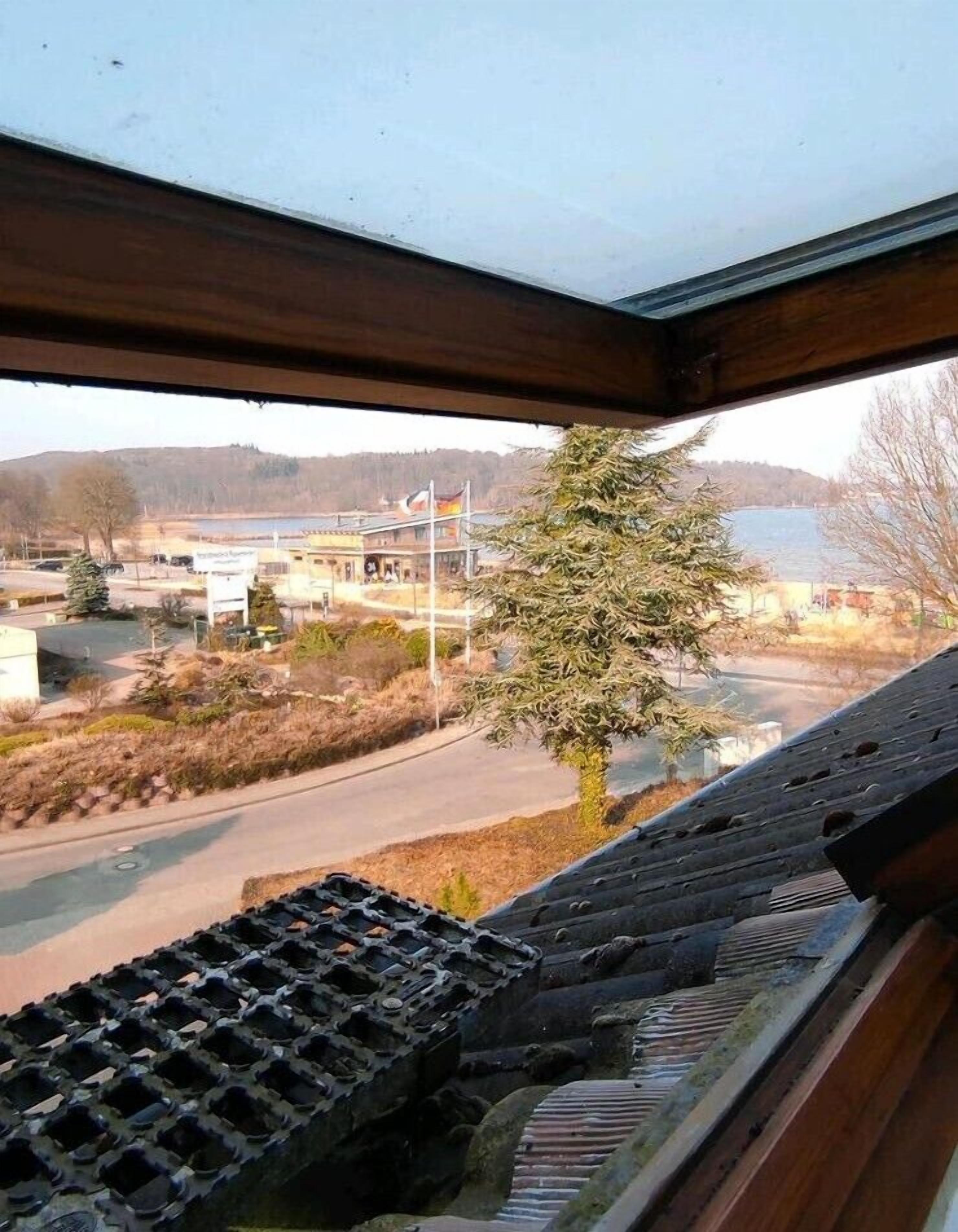 Blick aus einem Fenster mit einem Metallgitter, einem Baum und einer Straße mit Gebäuden im Hintergrund.