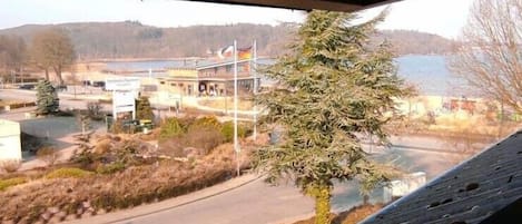 Blick aus einem Fenster mit einem Metallgitter, einem Baum und einer Straße mit Gebäuden im Hintergrund.
