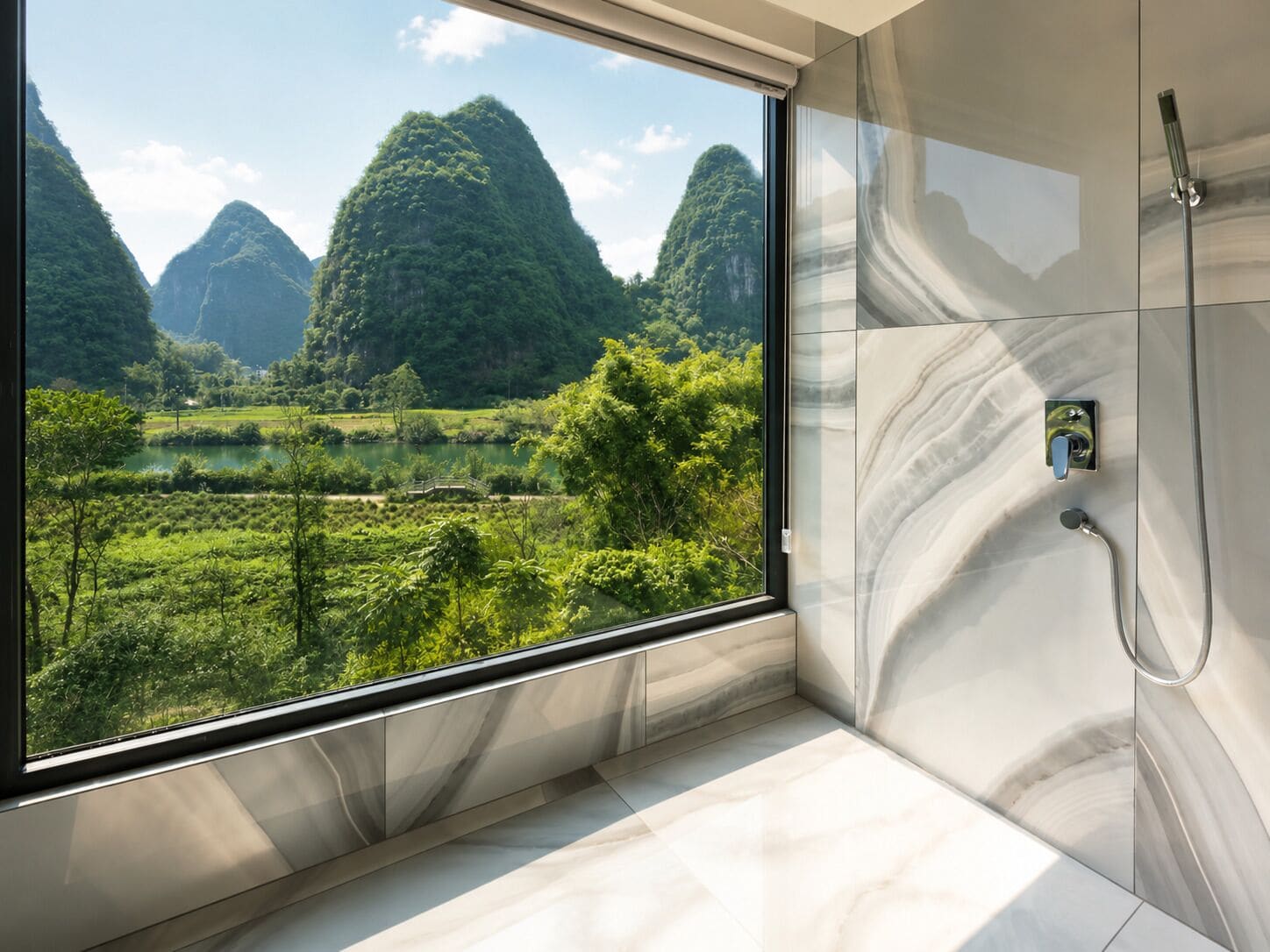 Une salle de bain dotée d’une grande fenêtre donnant sur un paysage montagneux.