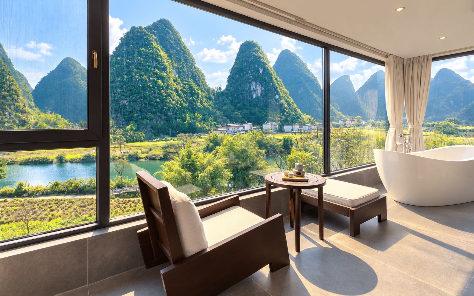 Une chambre d’hôtel moderne dotée d’une grande fenêtre offrant une vue sur un paysage montagneux et une rivière. On y trouve un canapé, une table avec un service à thé et une baignoire sur pieds.