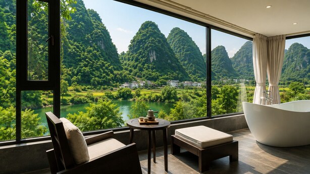 Un bagno moderno con una vasca da bagno indipendente, una sedia, un tavolino con un servizio da tè e vista su un fiume e delle montagne.