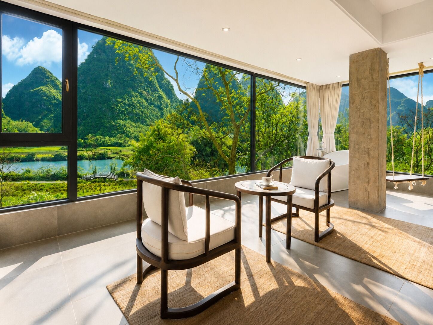 Ein modernes Zimmer mit großem Fenster und Blick auf eine Berglandschaft und einen See. Eine Couch und ein kleiner Tisch mit Tasse und Untertasse sind vorhanden.