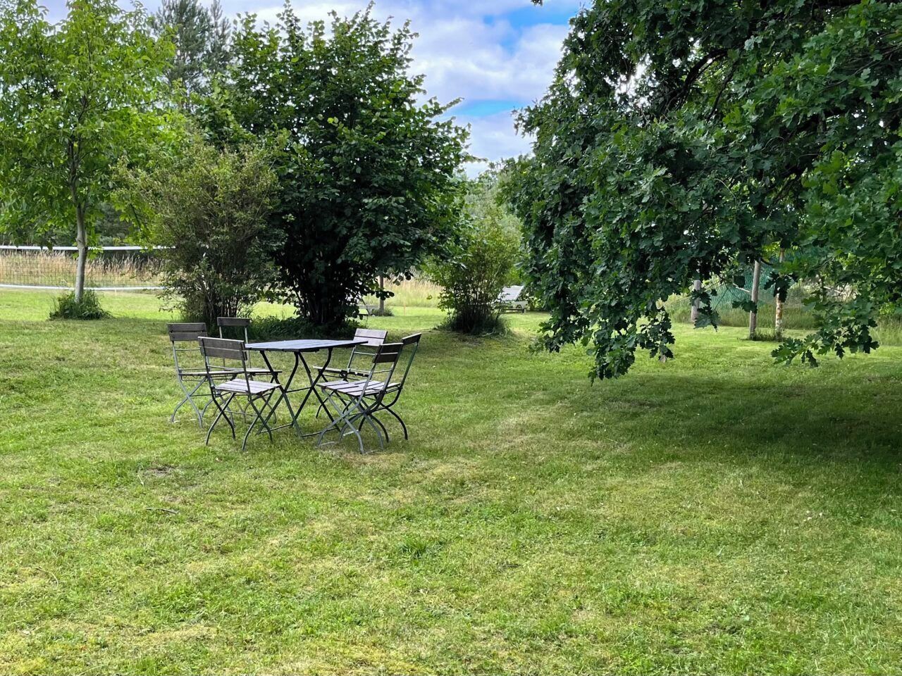 An outdoor seating area with a table and chairs, surrounded by trees and grass.