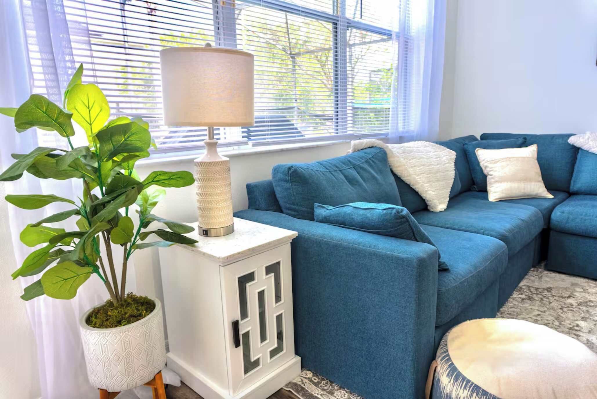A living room with a blue sofa, a white side table with a lamp, and a potted plant.