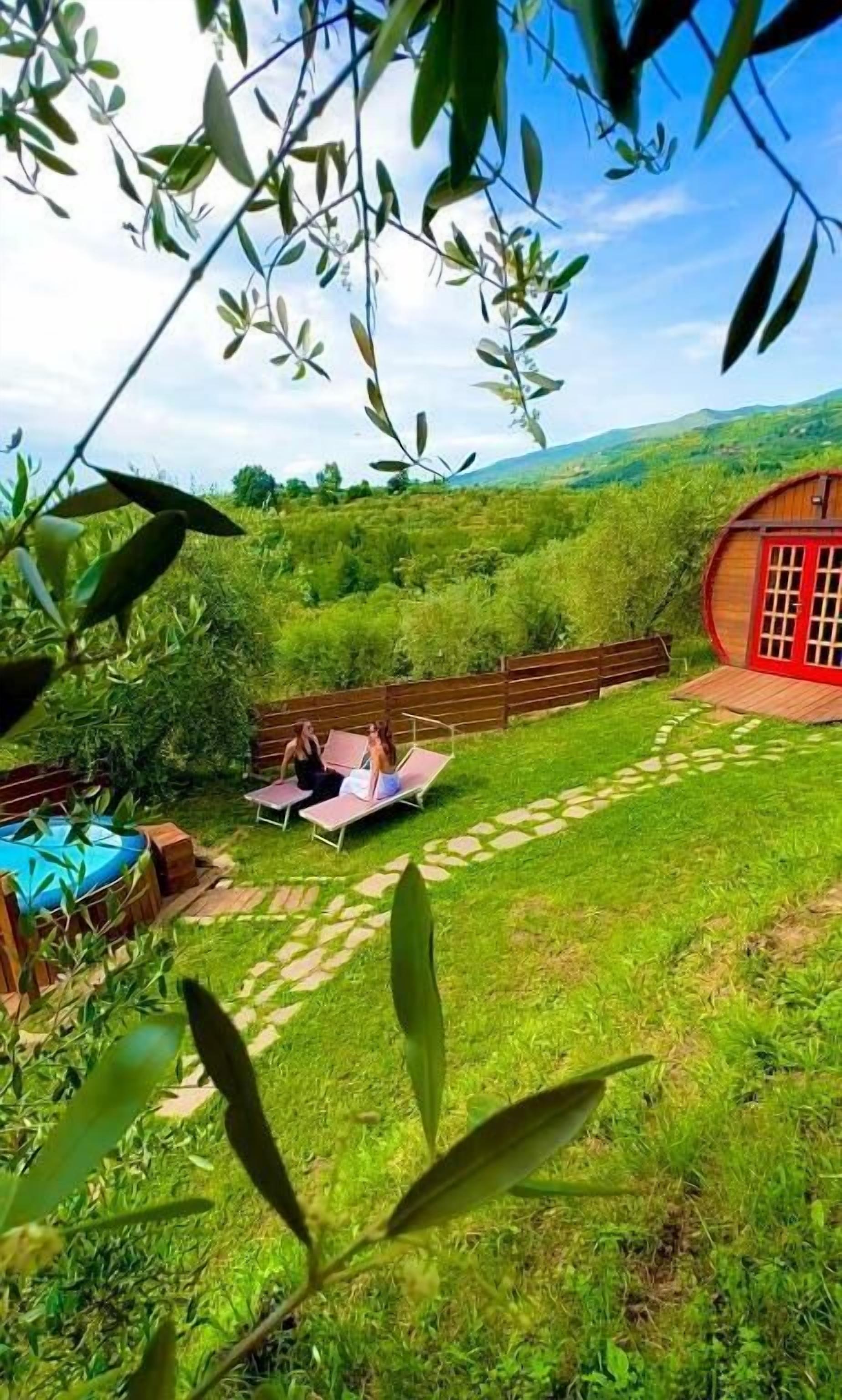 Un jardín exuberante con una terraza de madera, una piscina pequeña y un edificio de techo rojo.