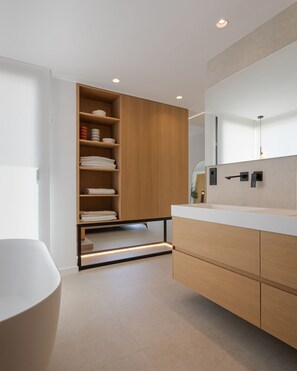 Shower, hair dryer, bidet, towels