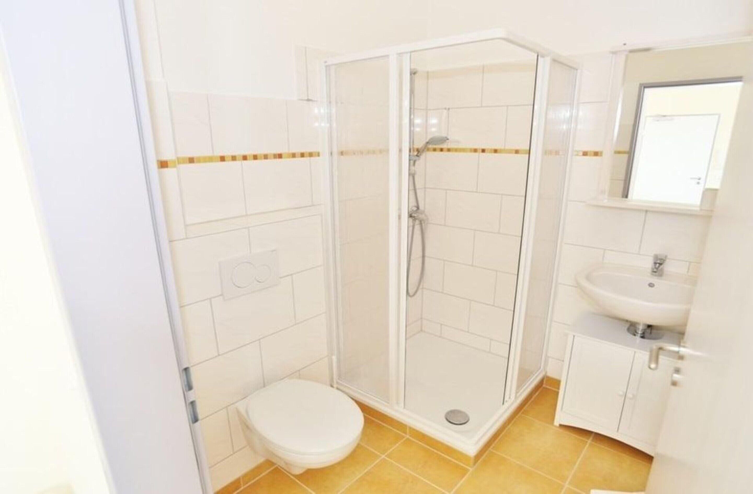 Een badkamer met een douche met glazen wand, een toilet en een wastafel met spiegel.