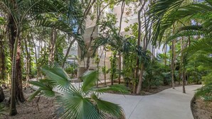 A tropical indoor garden with a concrete pathway, various palm trees, and a building in the background. - Bright 2BR Condo | Aldea Zama (Tulum)