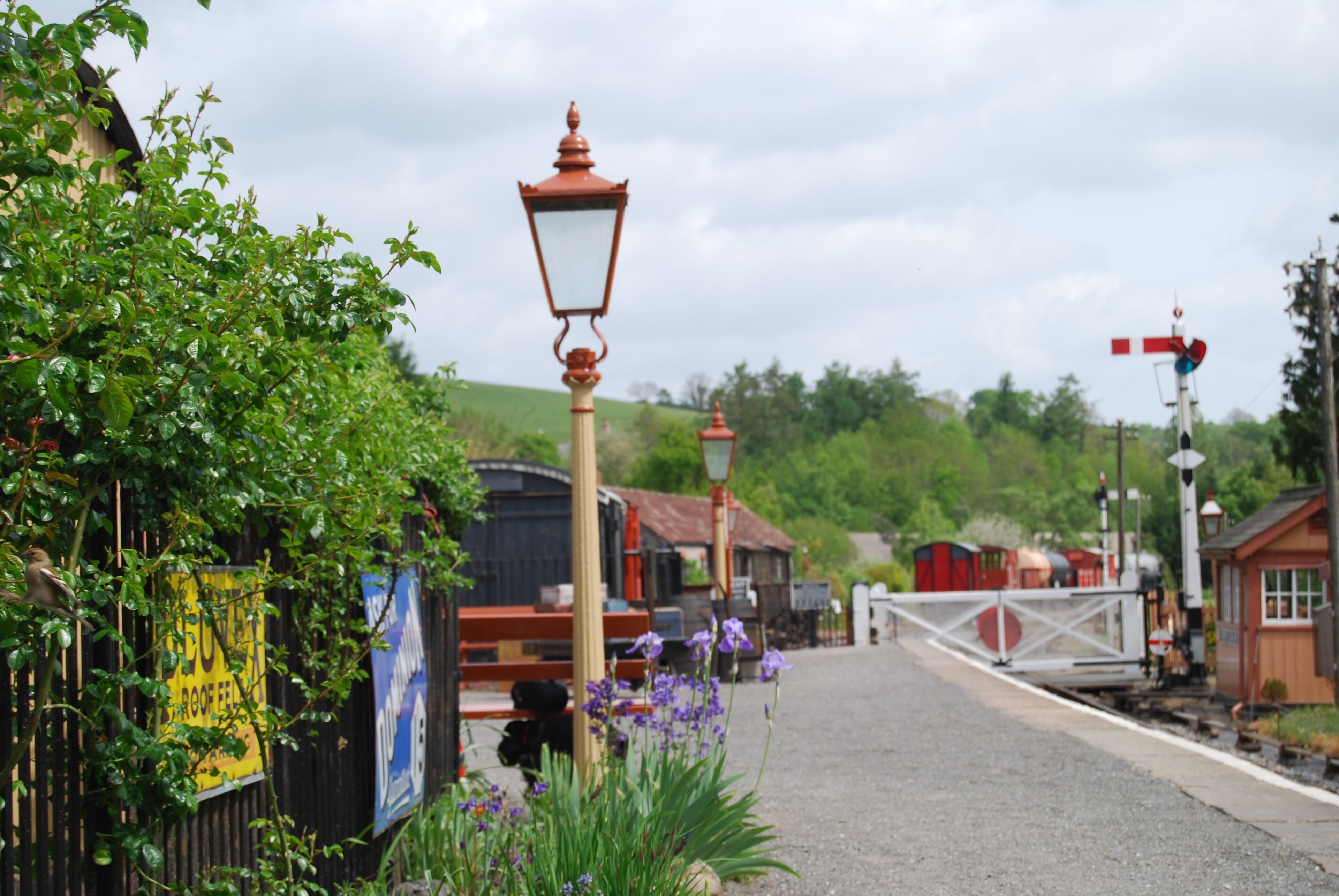 Una estación de tren rural con un andén de grava, un poste de señalización y una valla con follaje.