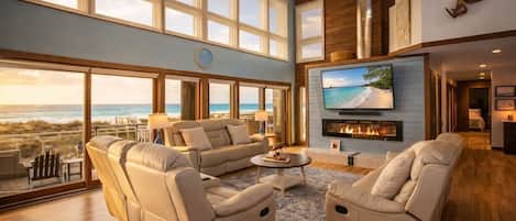 Smart TV, fireplace, video games, DVD player