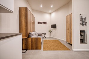 A modern interior with a sofa, wooden cabinets, a flat-screen TV, and a small plant. - Hostmate - Milano - Rembrandt (Milano)