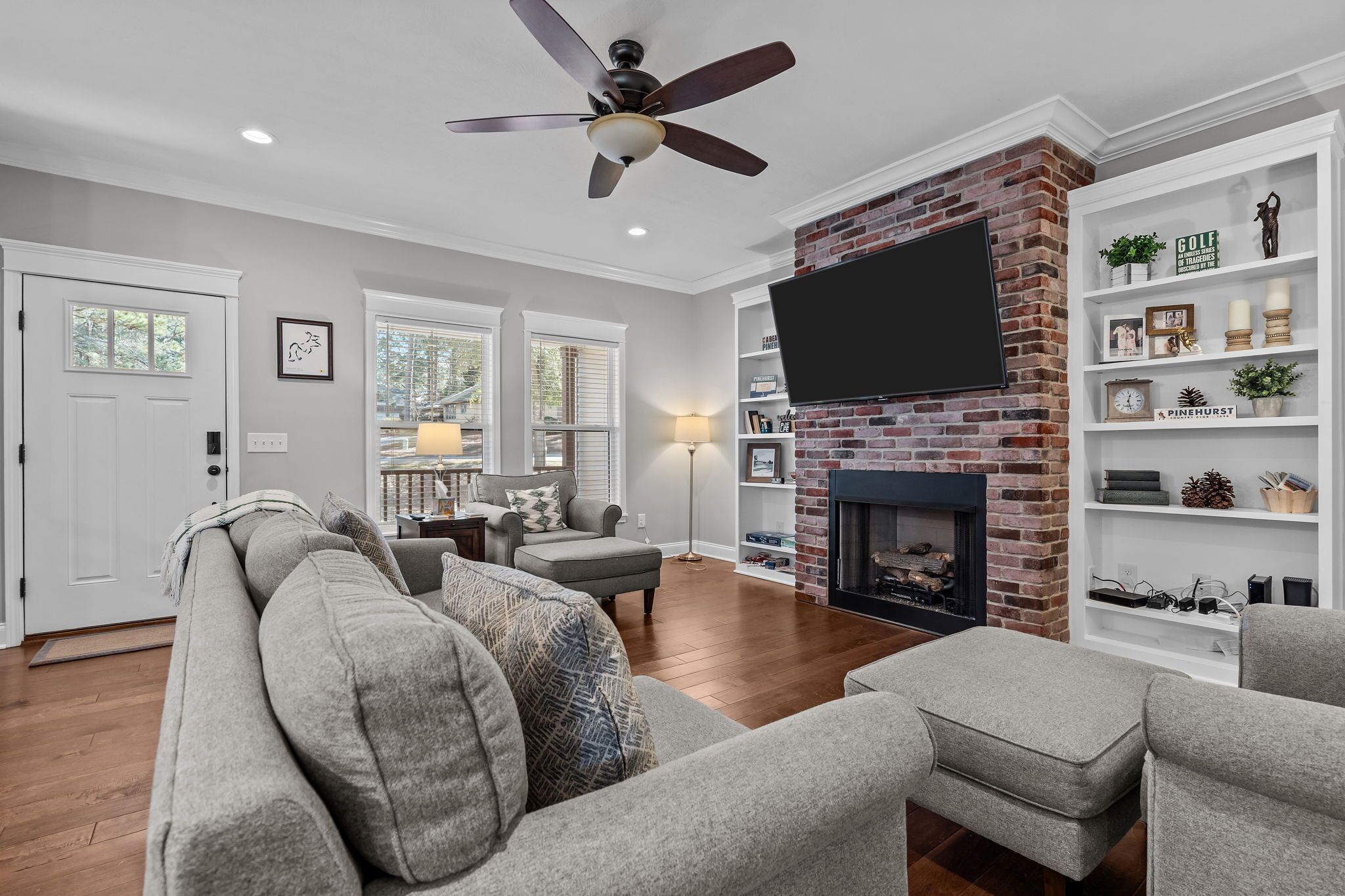 Smart TV, fireplace, books