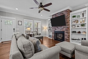 Smart TV, fireplace, books