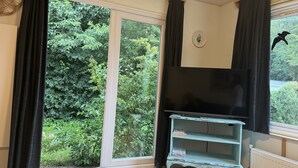 Een kamer met een groot raam, een televisie, een lichtblauwe entertainmentkast en een radiator.