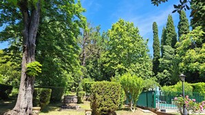 Een tuin met verschillende bomen, een stenen constructie en een groene hekken.