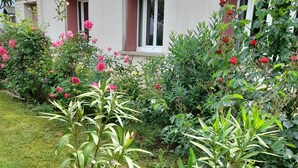 A garden with various plants and flowers, a building with windows, and a grassy area. - COUNTRY HOUSE in FONROQUE 2km from BASTIDE D'EYMET (Fonroque)