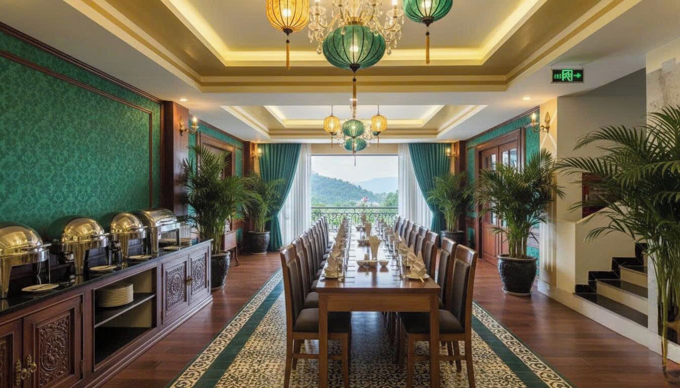 A formal dining room with a long table, chairs, and a buffet on one side.