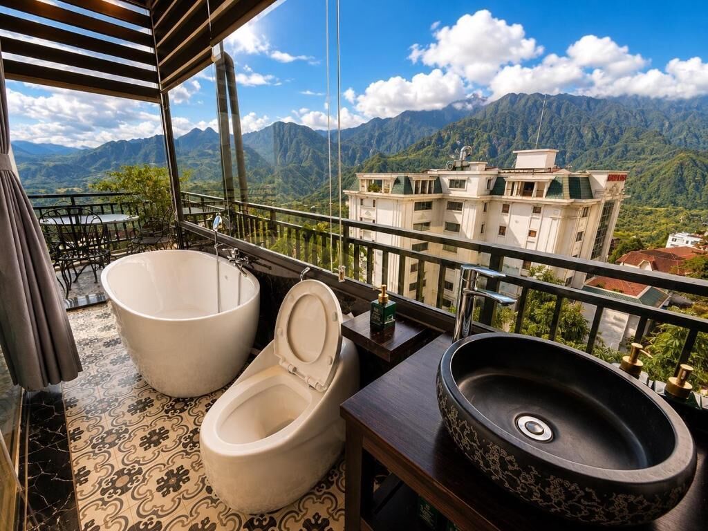 Un balcón con inodoro, lavamanos y vista a las montañas.