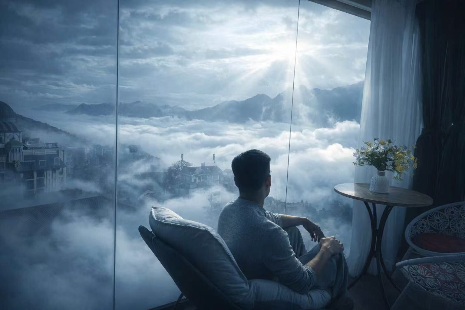 A person seated by a window with a view of a misty landscape and a city below.