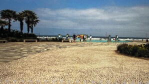 A beachside area with a pebble path, palm trees, and a small pool. - FOR RENT!!! "Apartment in Praia Grande, Canto do Forte" (Praia Grande)